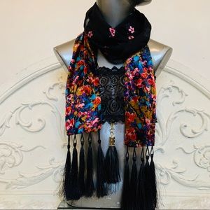 Boho Whimsy Black Bright Oblong Scarf w/Fringe